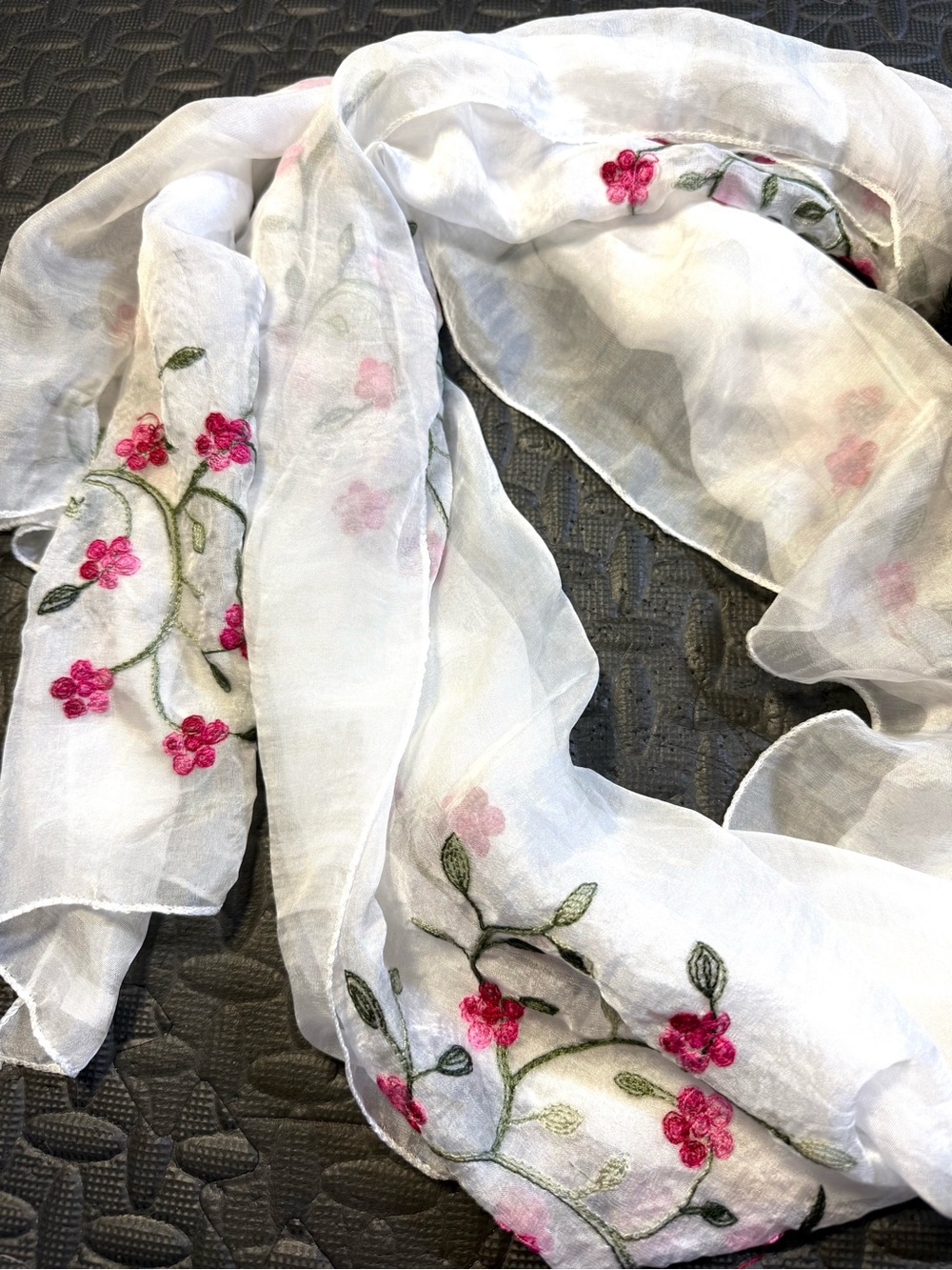 Sheer White Embroidered Floral Scarf Wrap Pink Green 70 x 30
